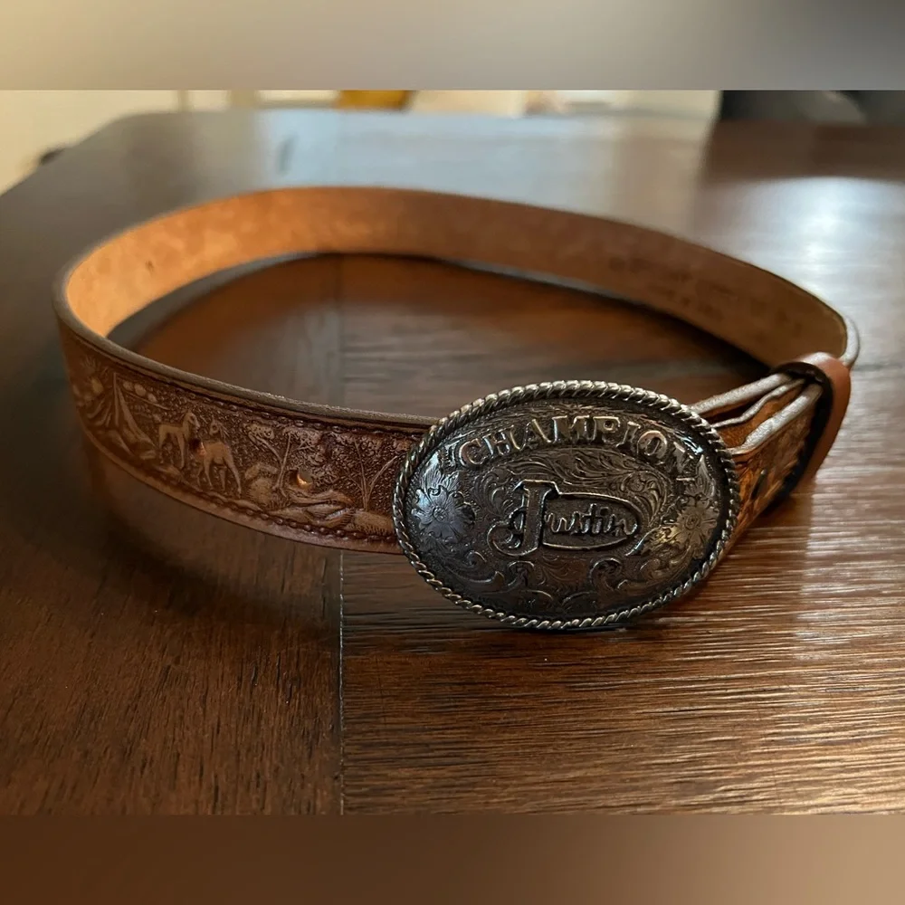 Justin Boots Brown Leather Belt 26 with Ornate Silver Plated Buckle Boys Girls